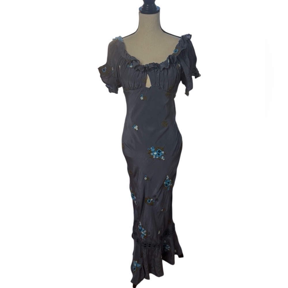 New Free People Bali Santa Cruz Ruffle Blue Floral Embroidered Maxi Dress M - Picture 5 of 16